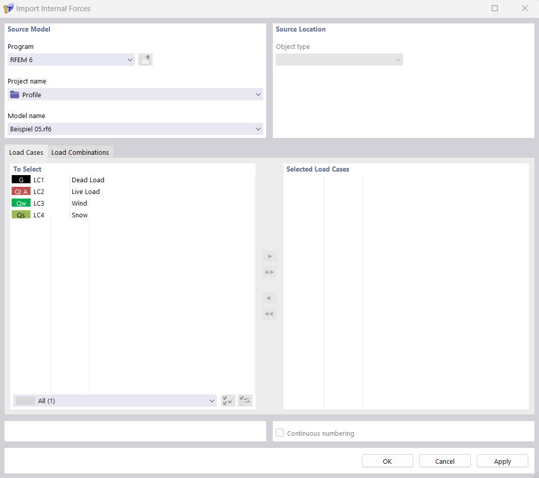 Dialog Box "Import Internal Forces"