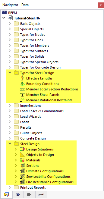 Navigator Items Relevant to Steel Design