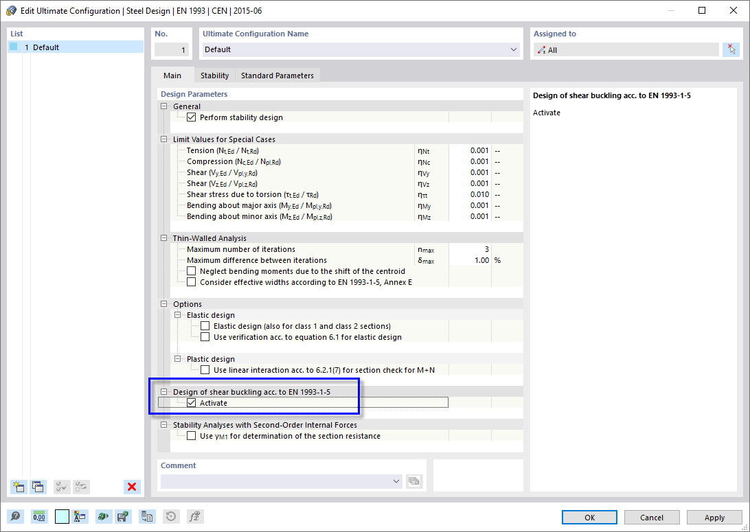 "Main" Settings of Ultimate Configuration for Steel Design