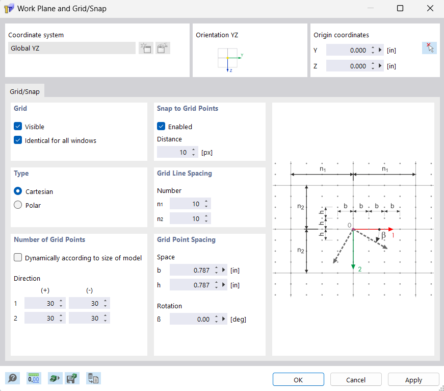 Dialog Box "Work Plane and Grid/Snap"