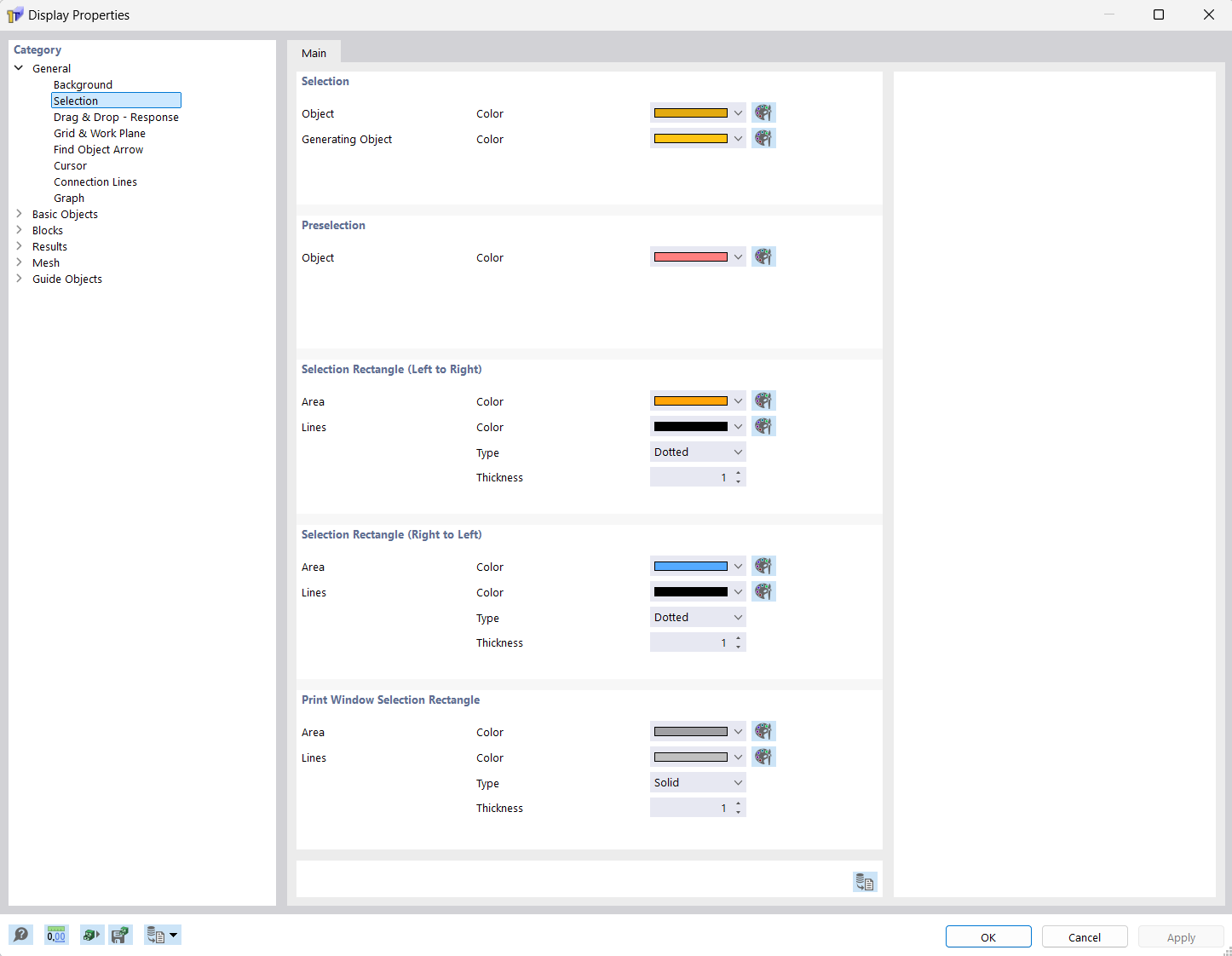 Dialog Box "Display Properties", Category "Selection"