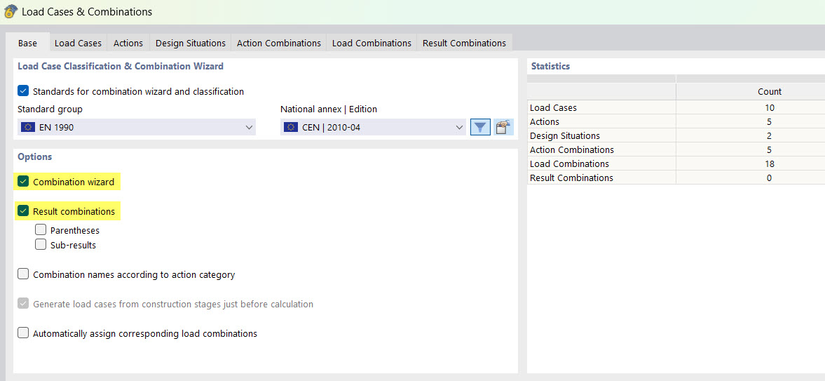 Activating Combination Wizard and Result Combinations