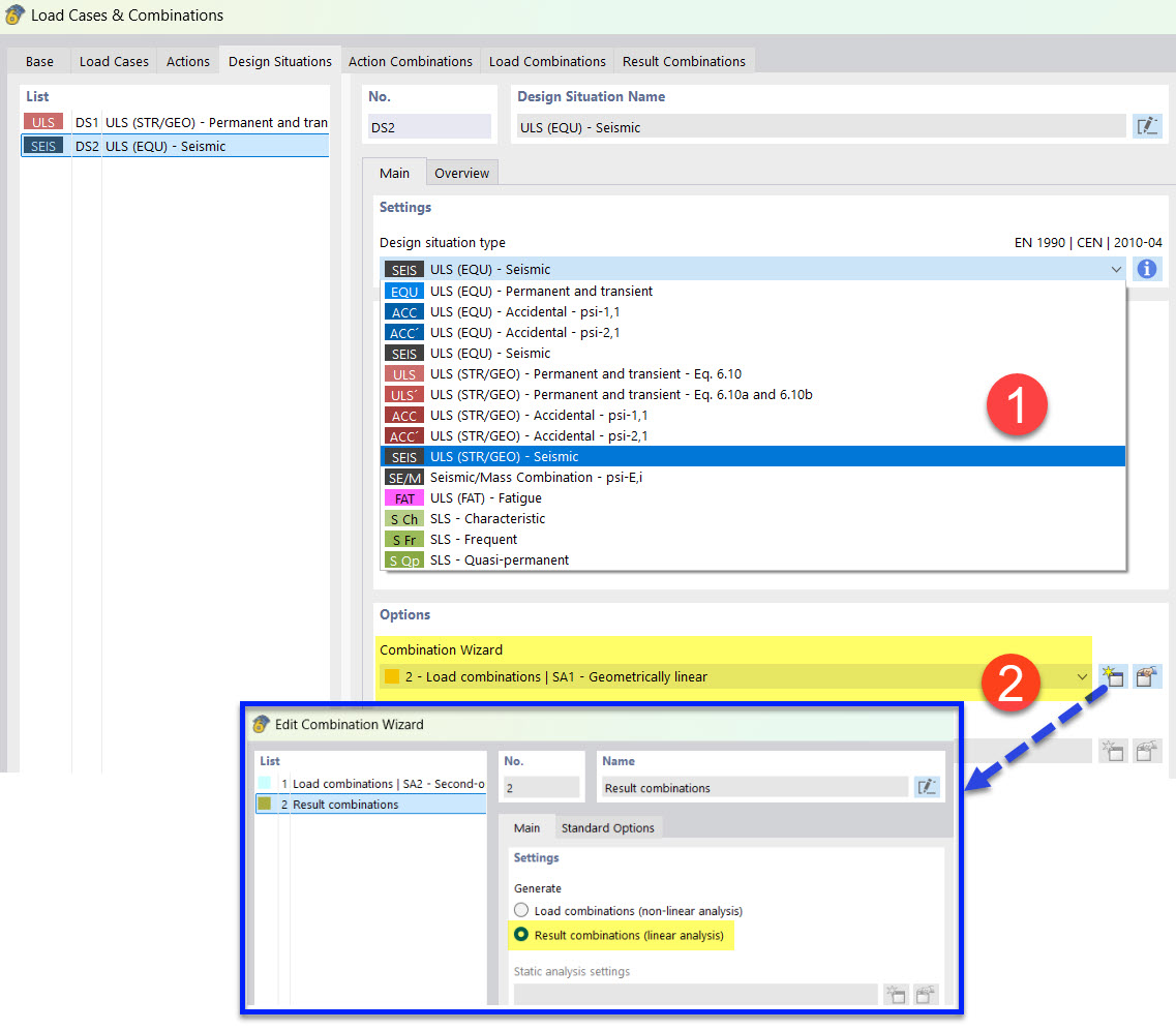 Defining Seismic Design Situation with Combination Wizard for Result Combinations