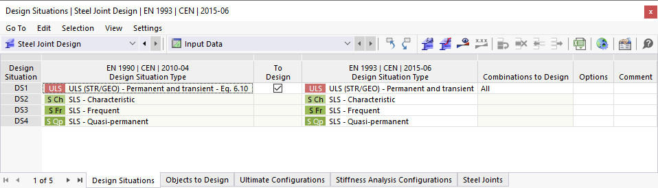 Input table of design situations for steel joint design