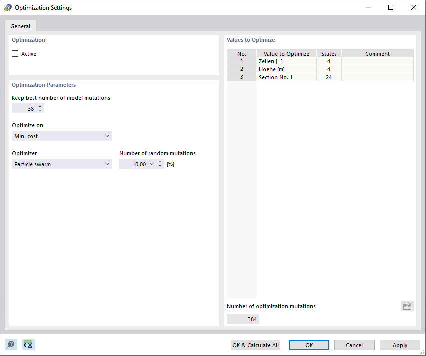 Dialog Box "Optimization Settings"