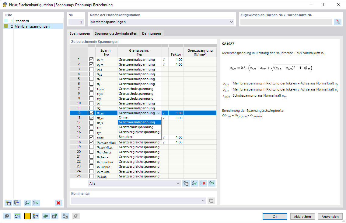 Dialog Box "Surface Configuration": Specifying Stresses to Calculate