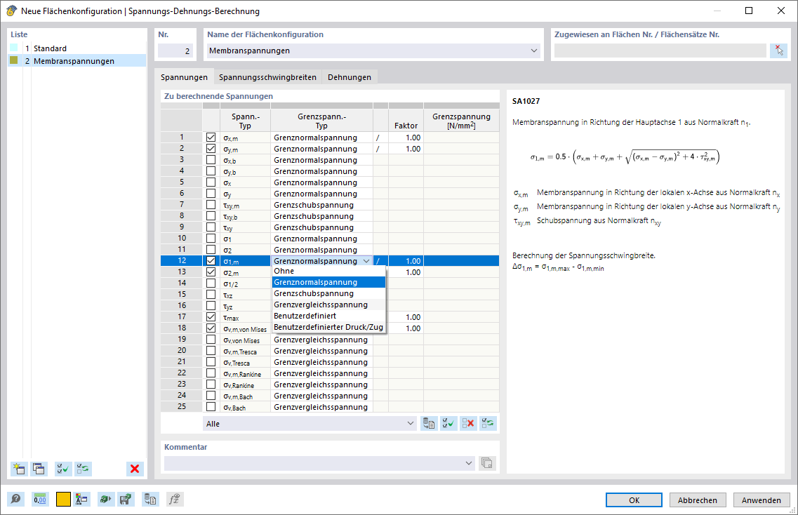 Dialog Box "Surface Configuration": Specifying Stresses to Calculate