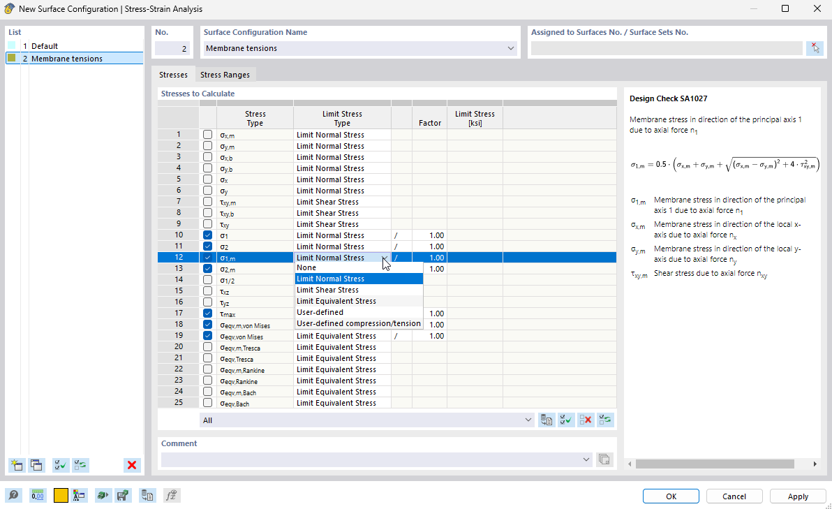 Dialog Box "Surface Configuration": Specifying Stresses to Calculate