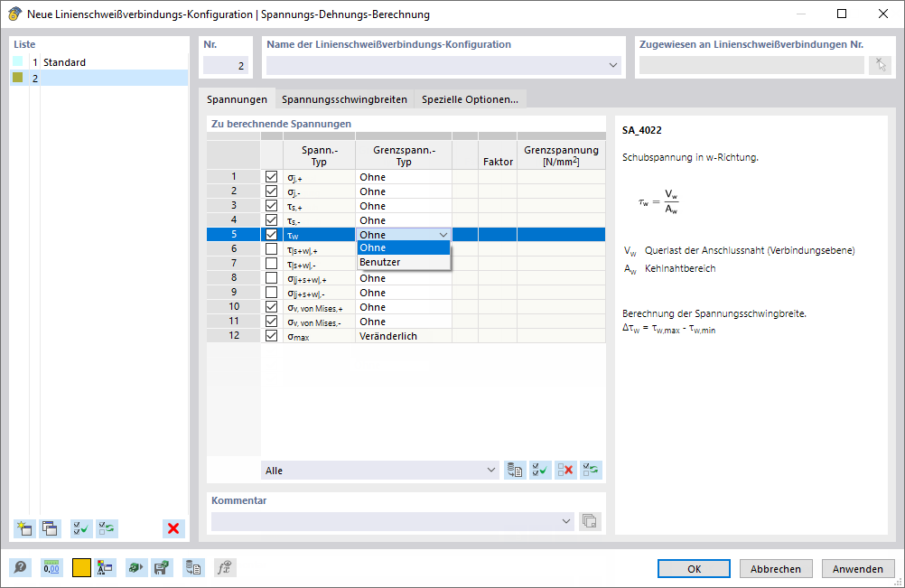 Dialog Box "Line Welded Joint Configuration": Specifying Stresses to Calculate