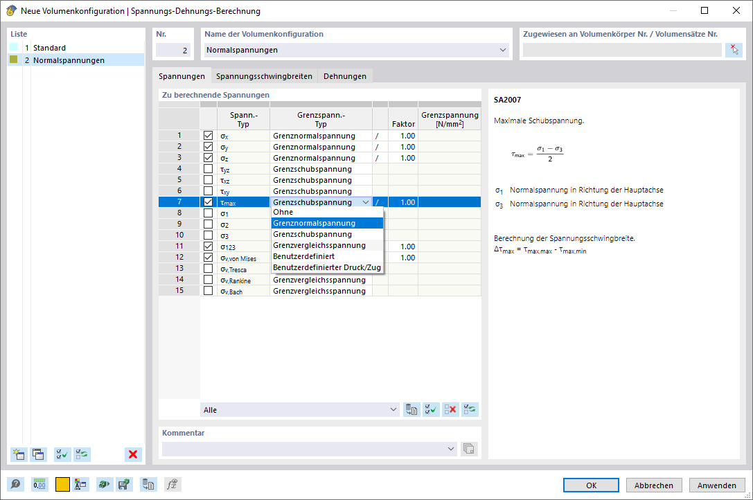Dialog Box "Solid Configuration": Specifying Stresses to Calculate