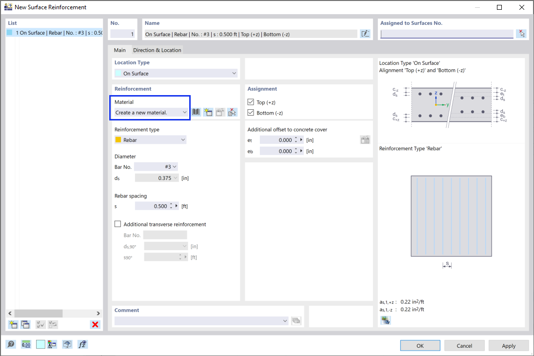 Dialog Box "New Surface Reinforcement"