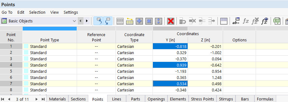 Table "Points" with Selected Cells