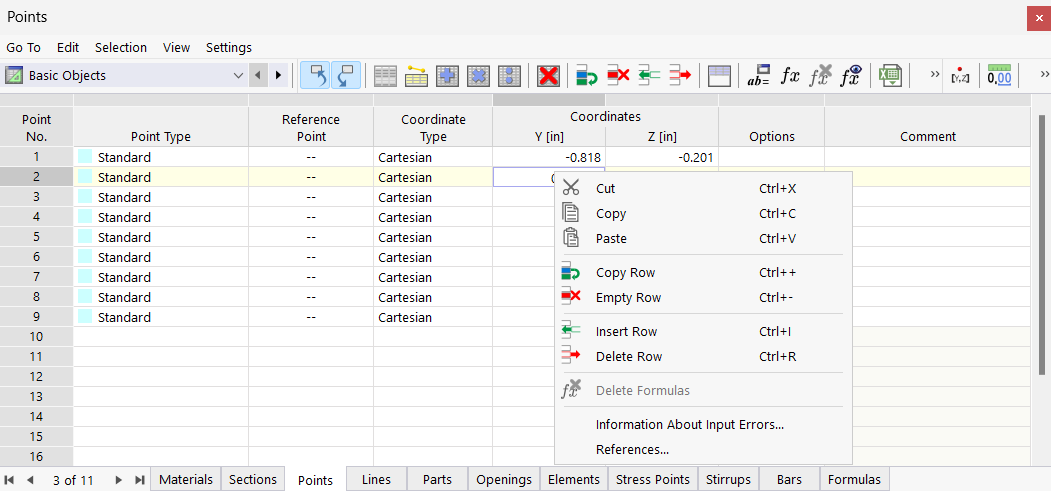 Functions in Table Shortcut Menu