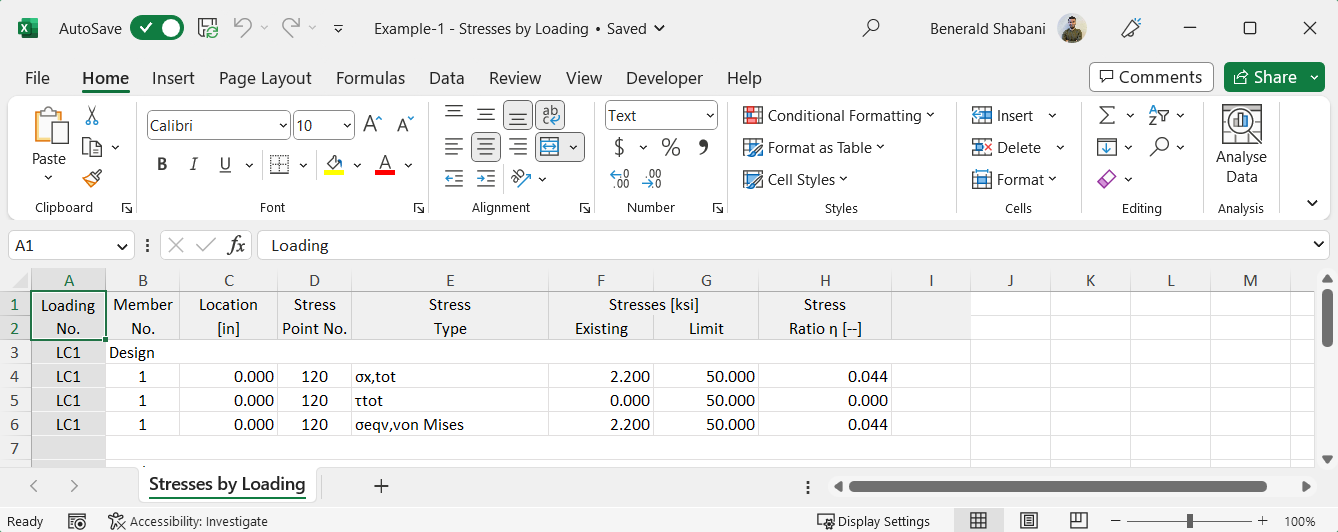 Excel Table with Stresses