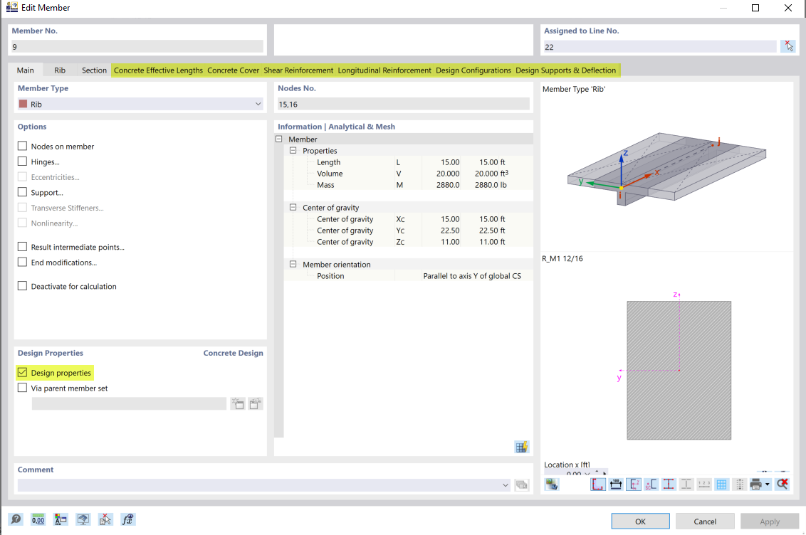 Design Properties Activated for Downstand Beam