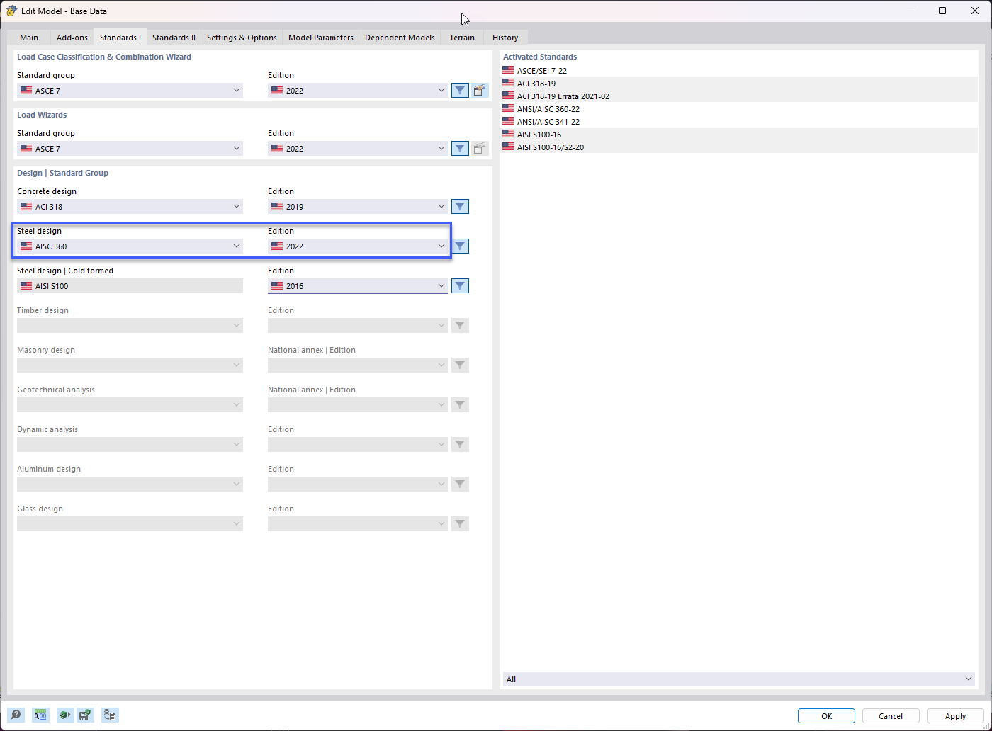 Selecting Standard and Edition for Steel Design