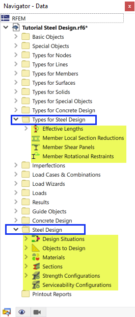 Navigator Items Relevant to Steel Design