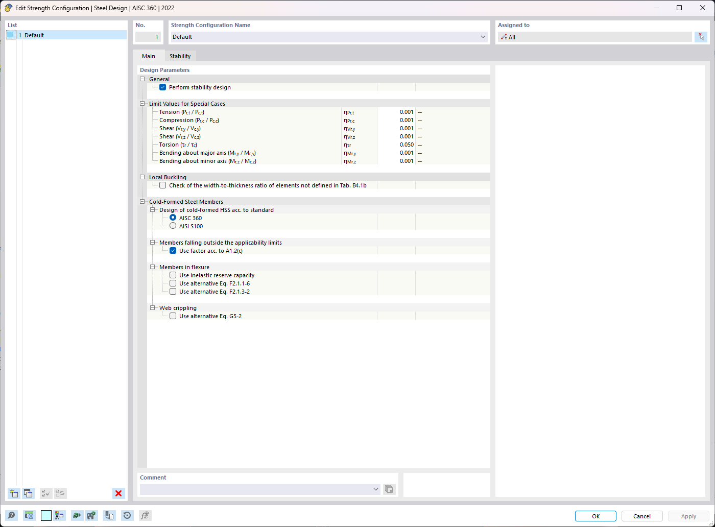 'Main' Settings of Strength Configuration for Steel Design