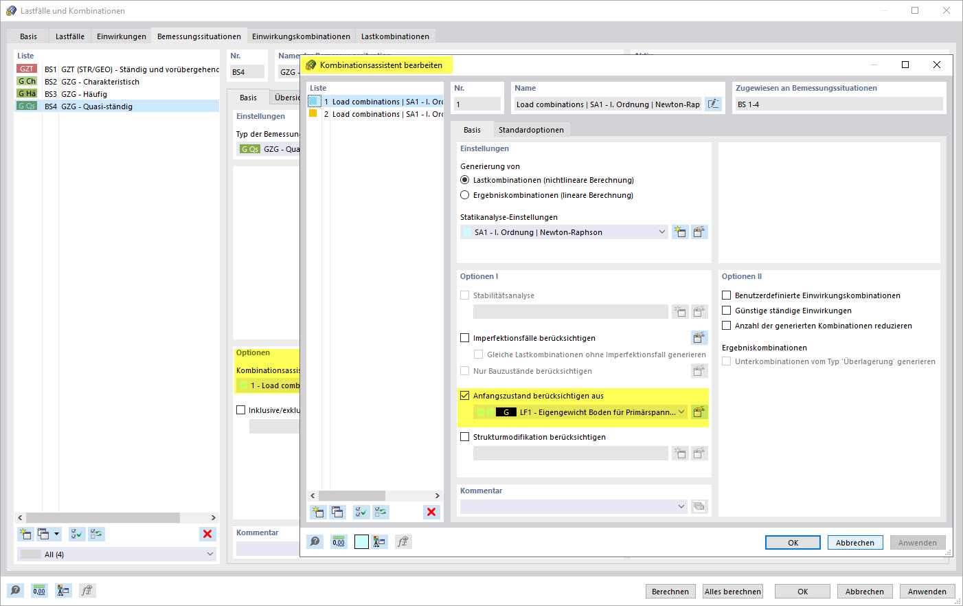 Defining Initial State in Combination Wizard