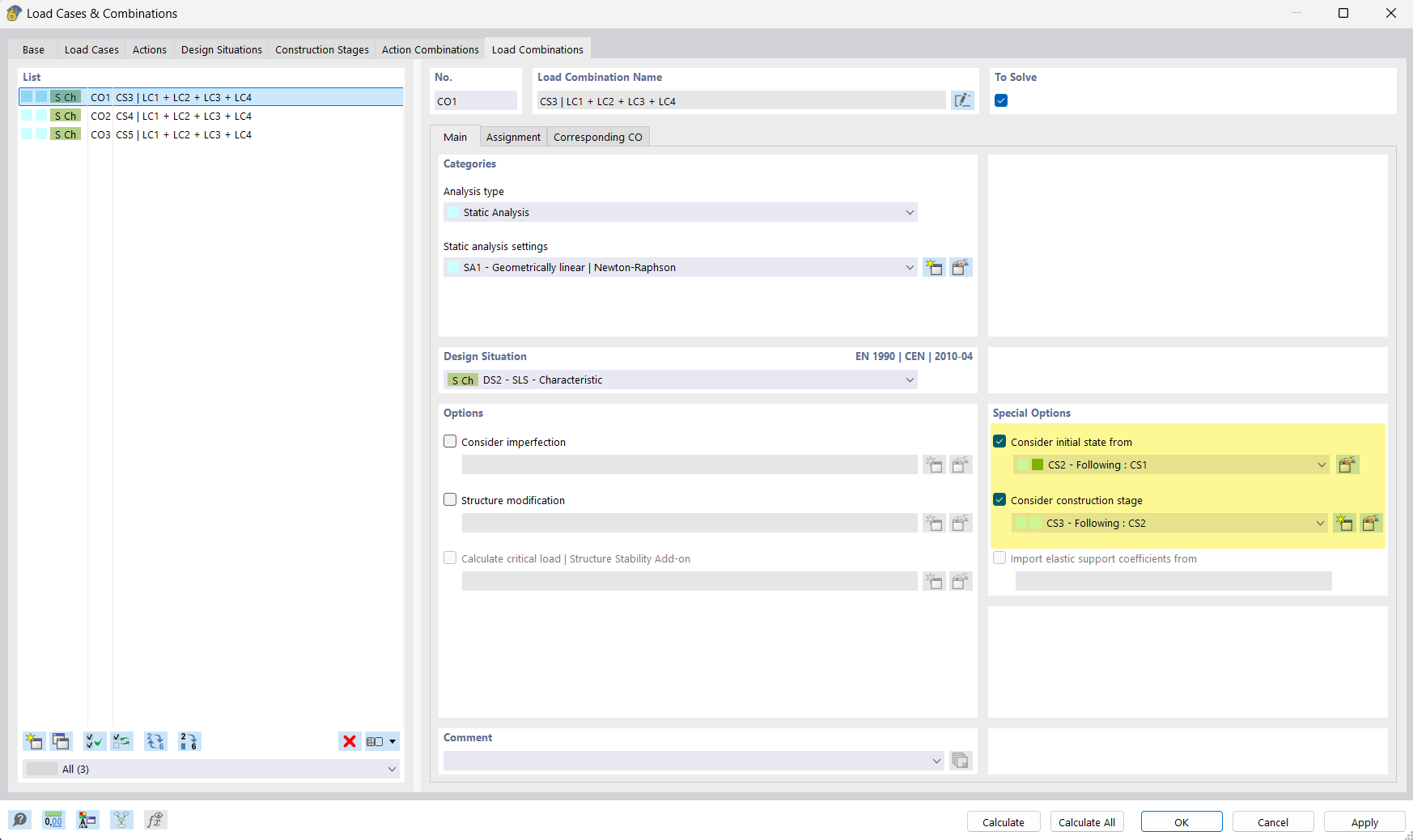 Specifying Initial State in Respective Load Combination