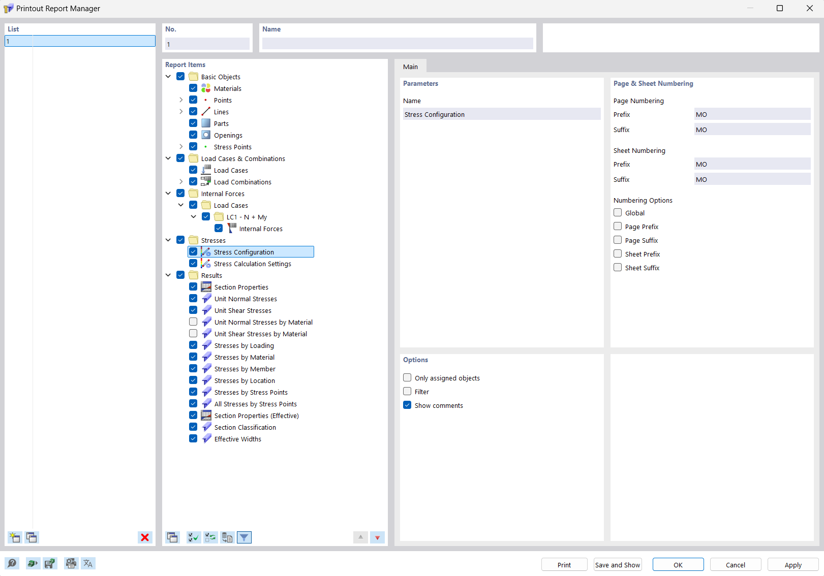 Dialog Box "Printout Report Manager"