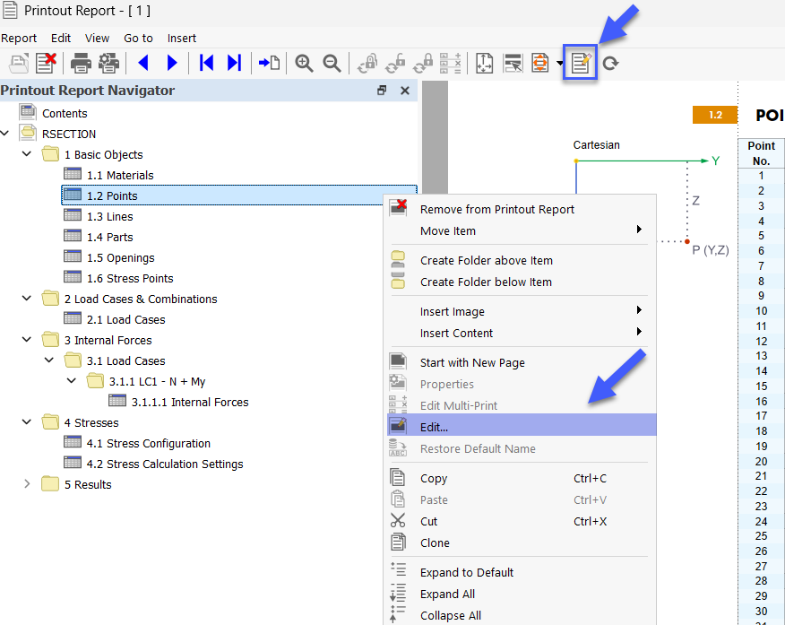 Button and Shortcut Menu "Edit Printout Report"