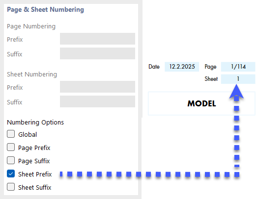 Defining Sheet Numbering with Prefix (Left) with Result (Right)