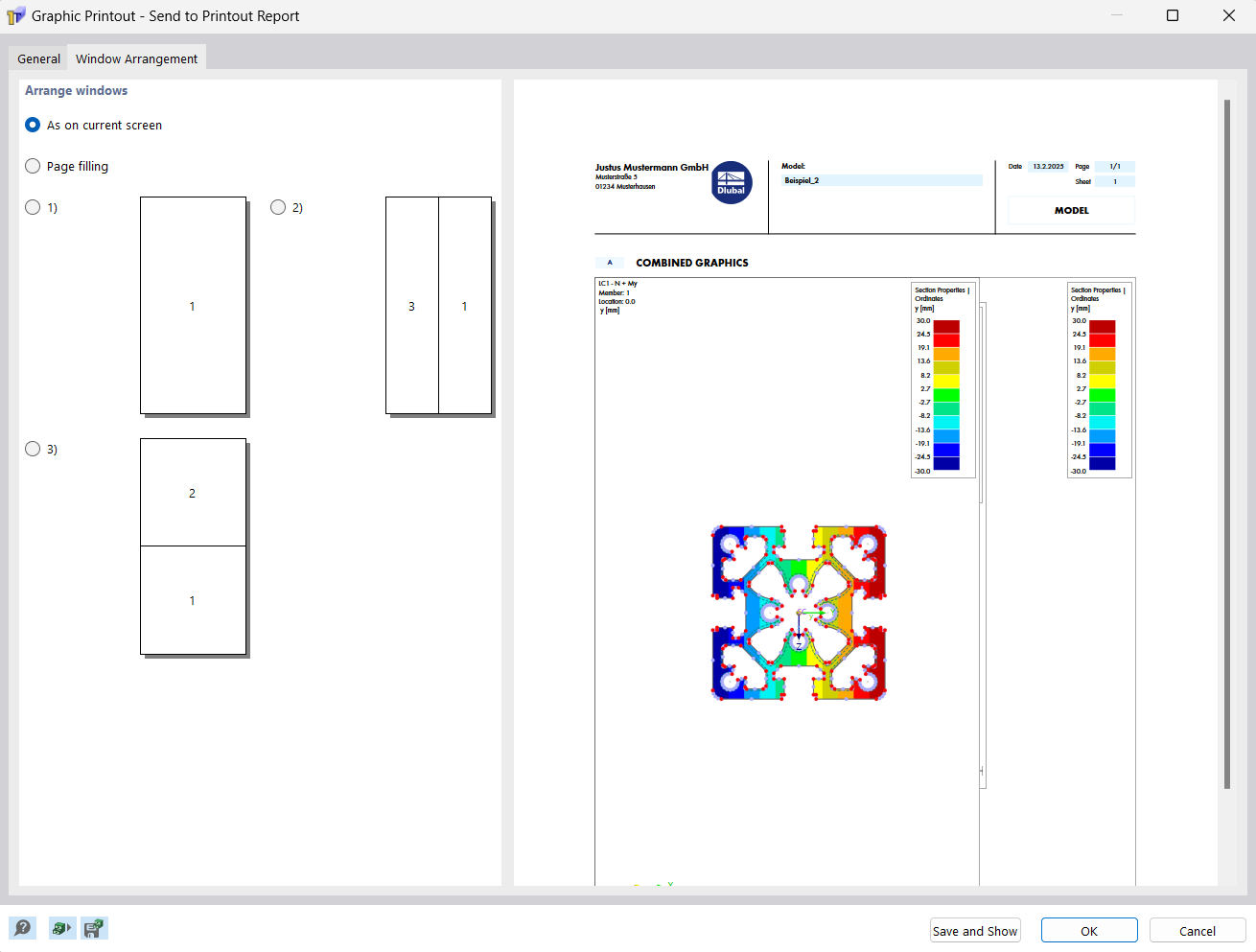 Graphic Printout Dialog Box with Options for Printout Report and Window Arrangement