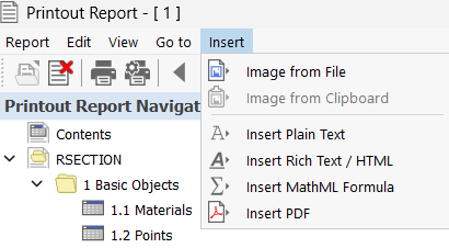 Printout Report Menu "Insert"