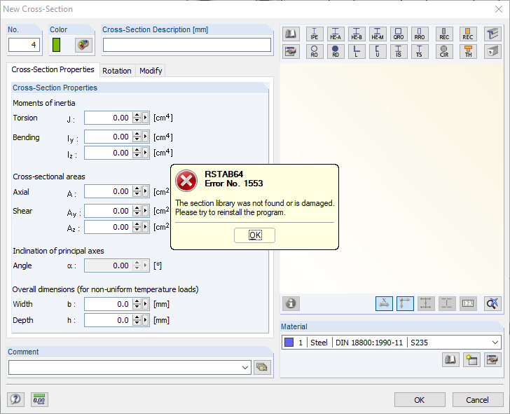 FAQ 005258 | I cannot open the cross-section library. Error Message No. 1553 appears: The section library was not found or is damaged. Please try to reinstall the program.