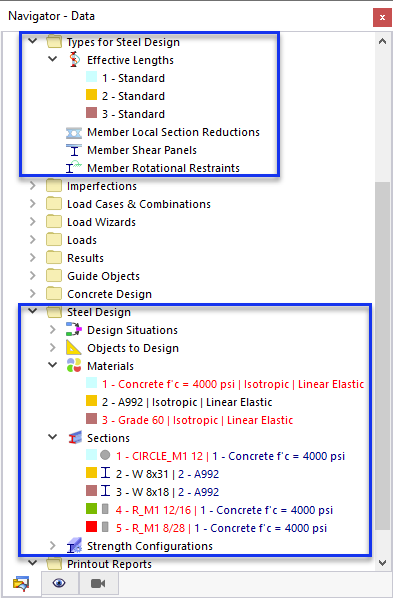 Navigator Items for Steel Design