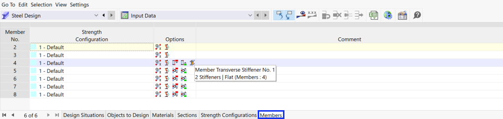 Table "Members" with Symbols of Design Options