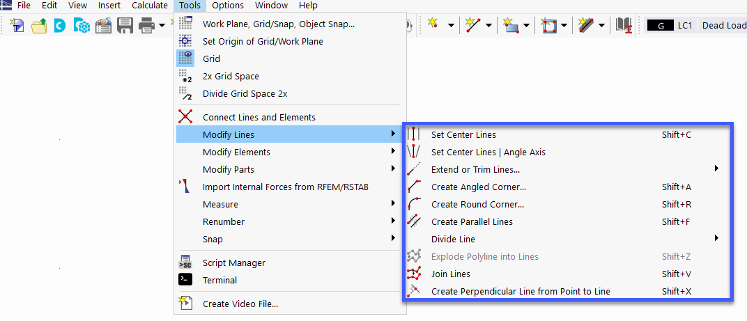 Modeling Tools for Lines in "Tools" Menu