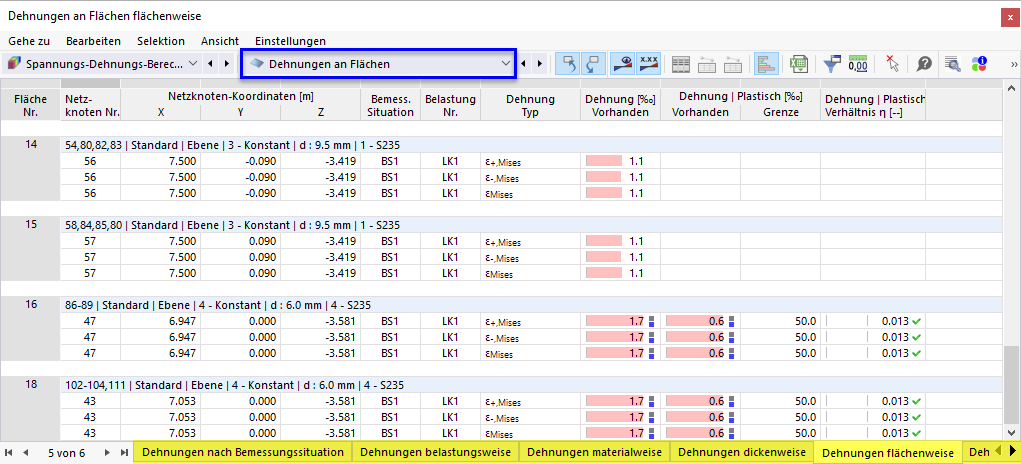 Result Tables "Strains on Surfaces" for Stress-Strain Analysis