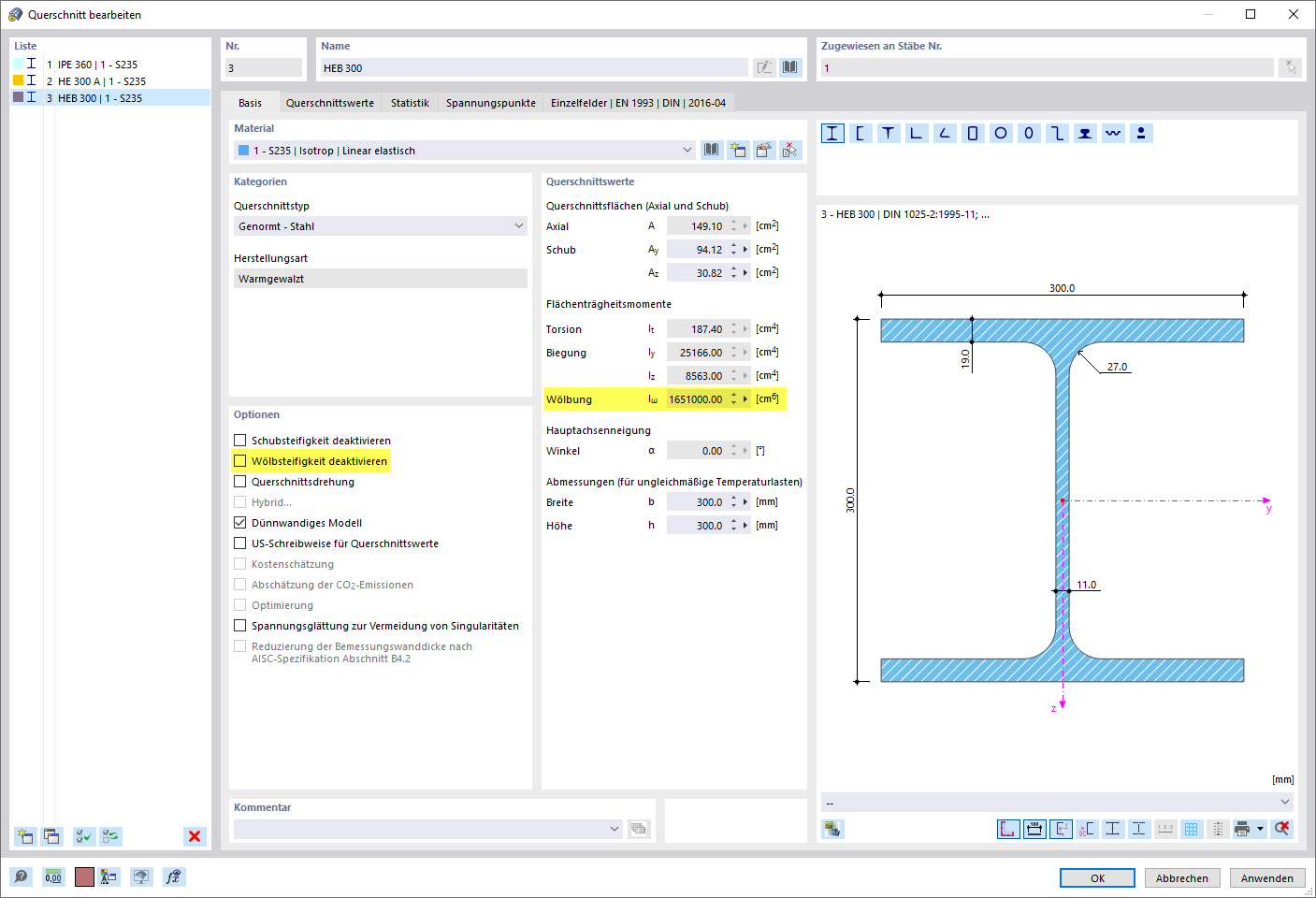 Editing Cross Section - Options with activated Warping Torsion Add-on (7 Degrees of Freedom)