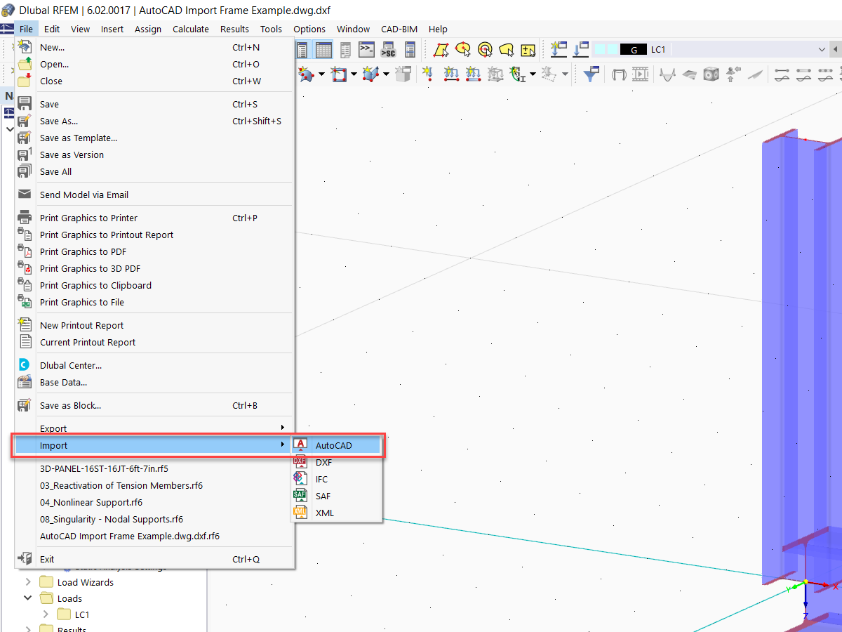 FAQ 005272 | How can I import my AutoCAD model into RFEM 6 and have the cross section and material information transfer over?