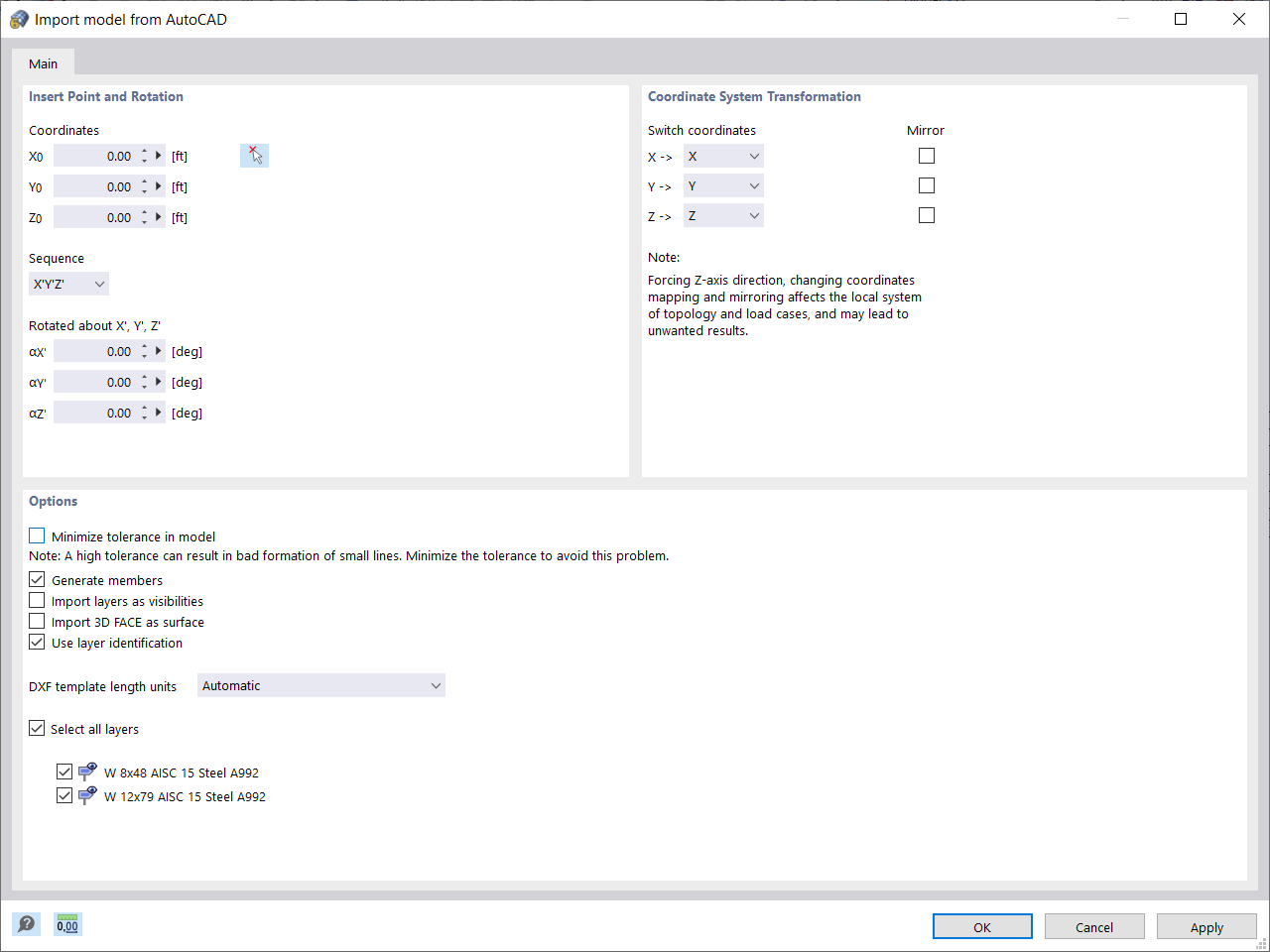 FAQ 005272 | How can I import my AutoCAD model into RFEM 6 and have the cross section and material information transfer over?