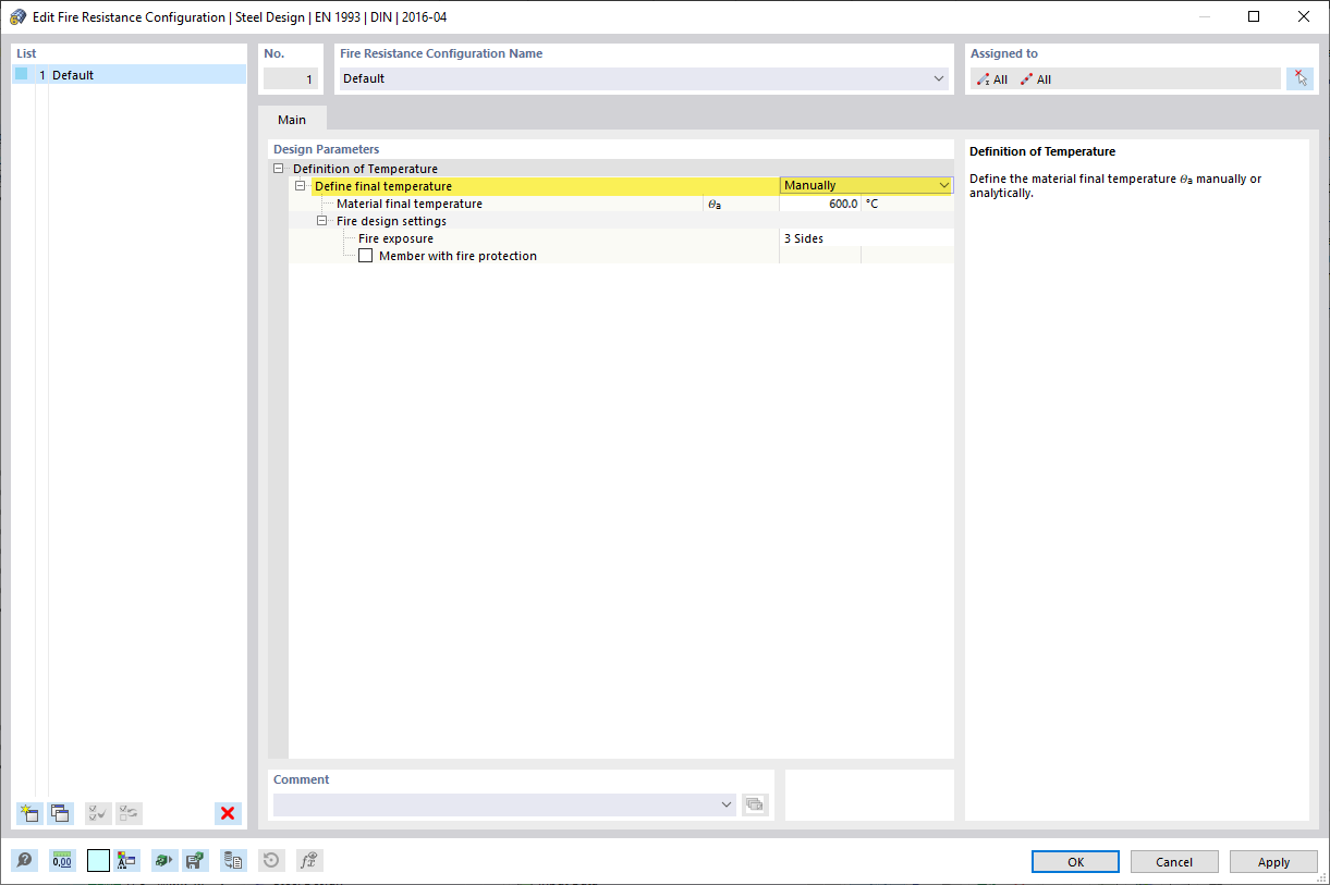 Fire Resistance Configuration with Manually Defined Temperature - Steel Design According to EN 1993