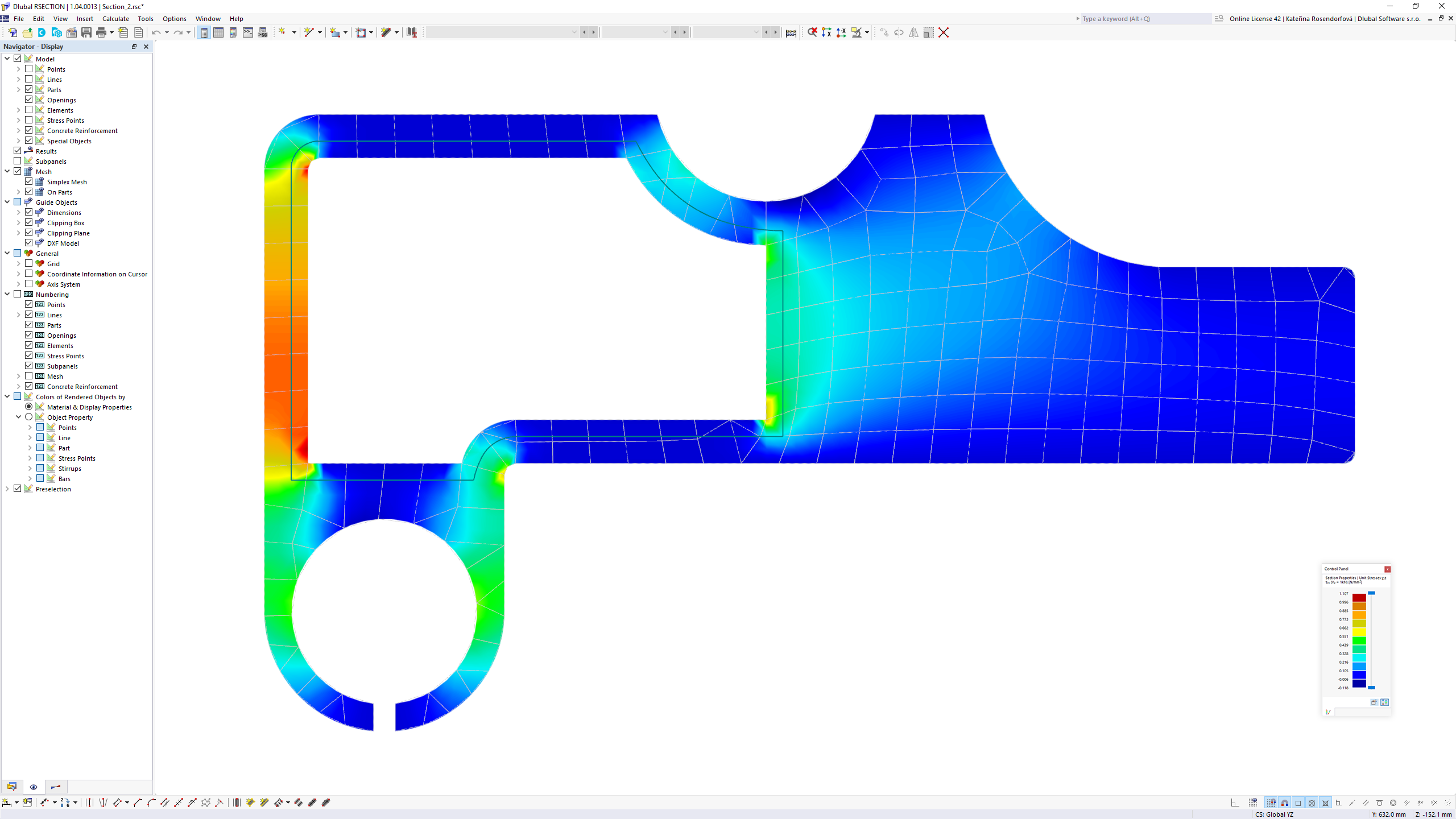 The image shows an aluminum cross-section with precise calculation results.