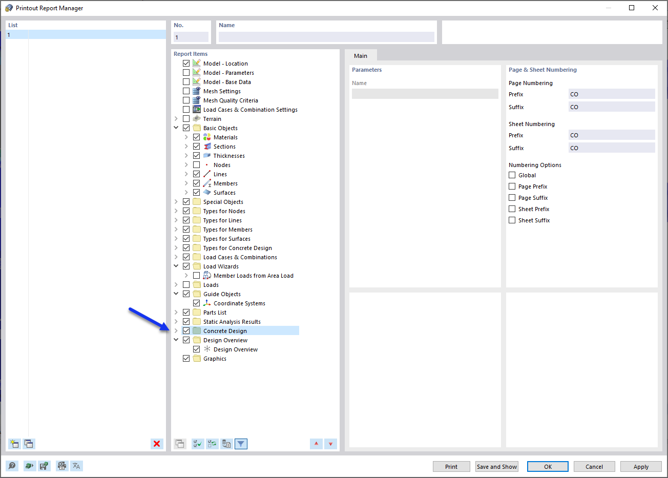 Activating 'Concrete Design' Data in Printout Report Manager