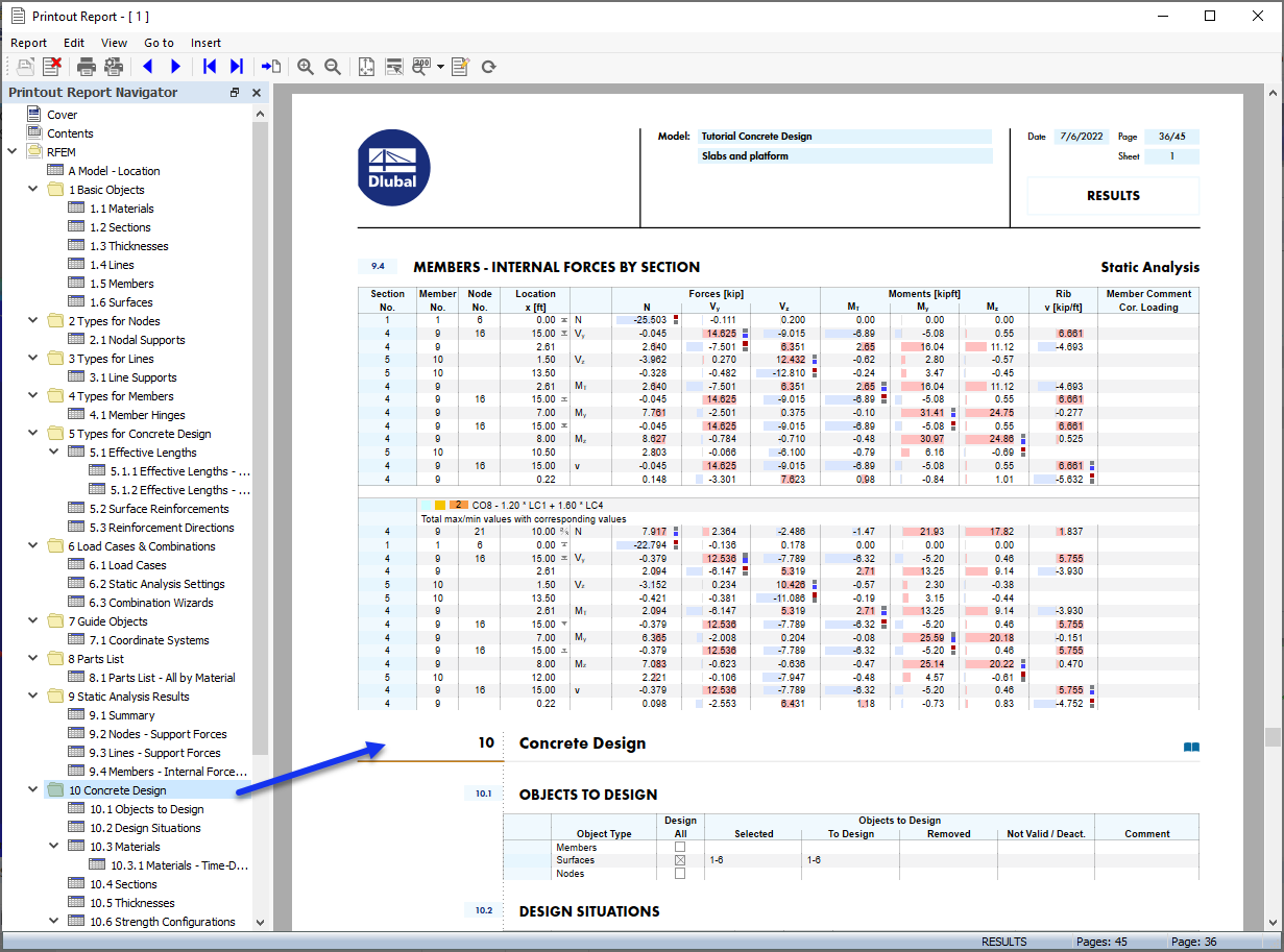 "Concrete Design" Data in Printout Report