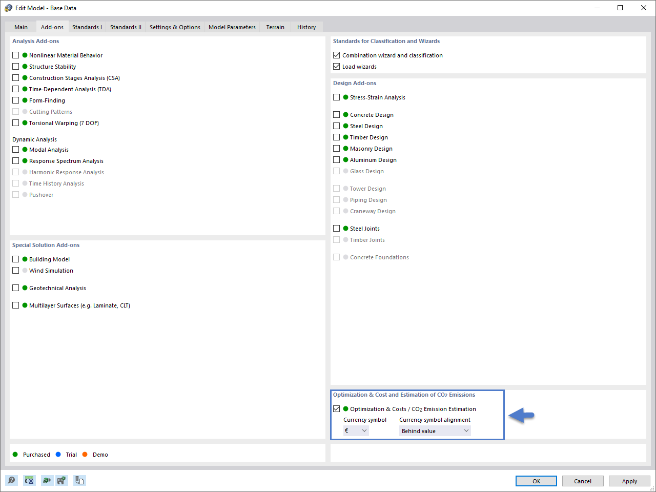 Activating the Optimization and Costs / CO2 Emission Estimation Add-on