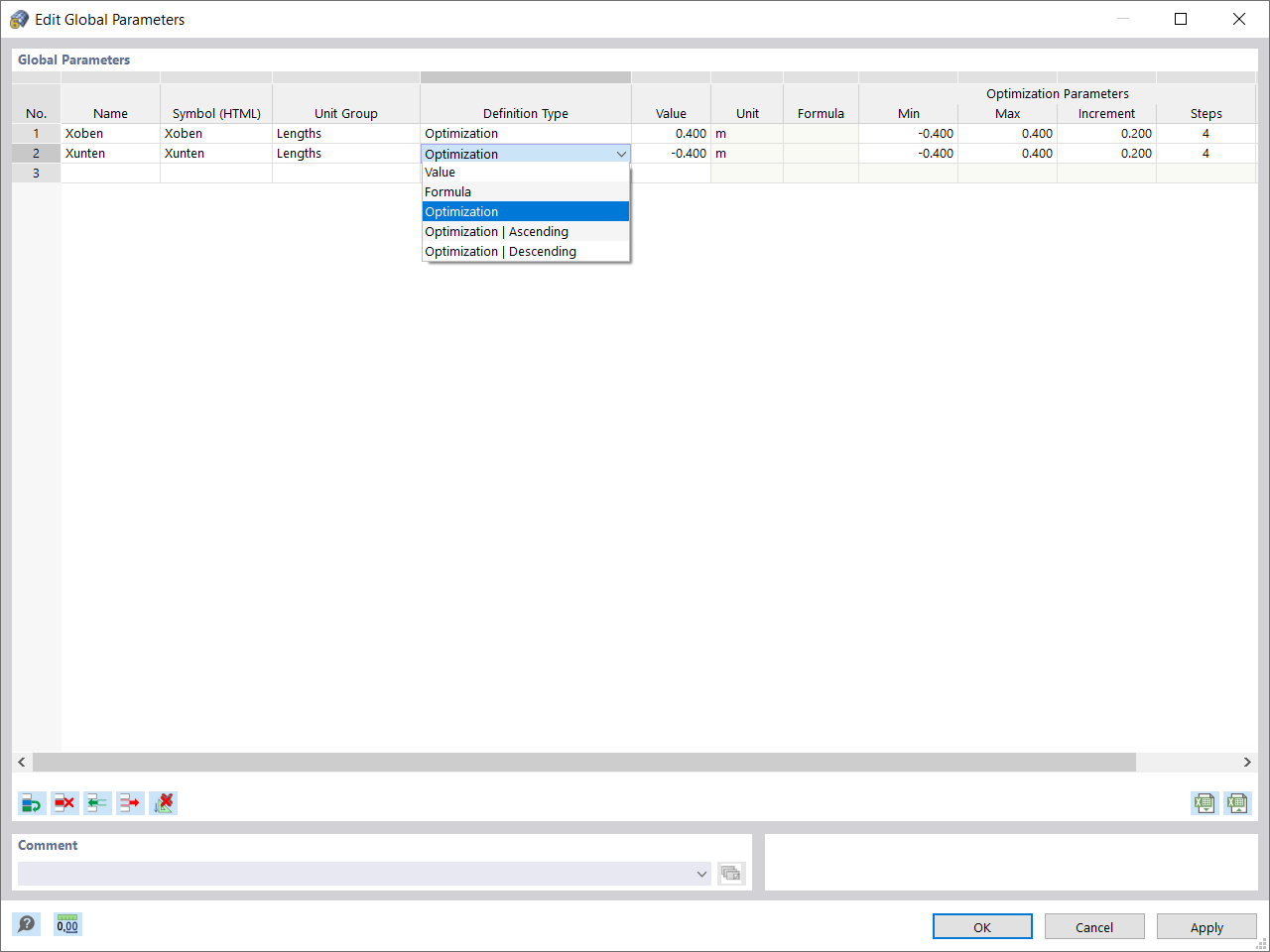 Global Parameters of Definition Type "Optimization"