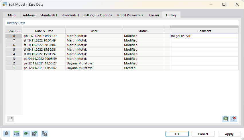 Tab "History" in Dialog Box "Edit Model - Base Data"