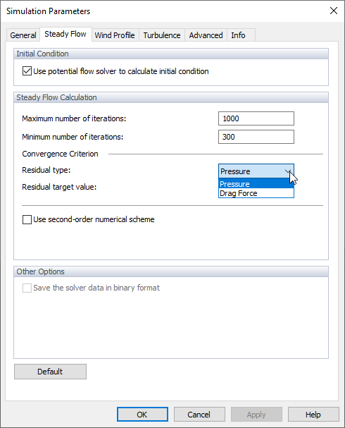 Simulation Parameters, Steady Flow, Residual Type