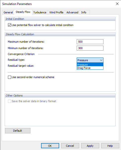 Simulation Parameters, Steady Flow, Residual Type