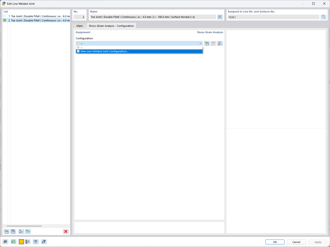 Stress-Strain Analysis Configurations in the “New Line Welded Joint” Window