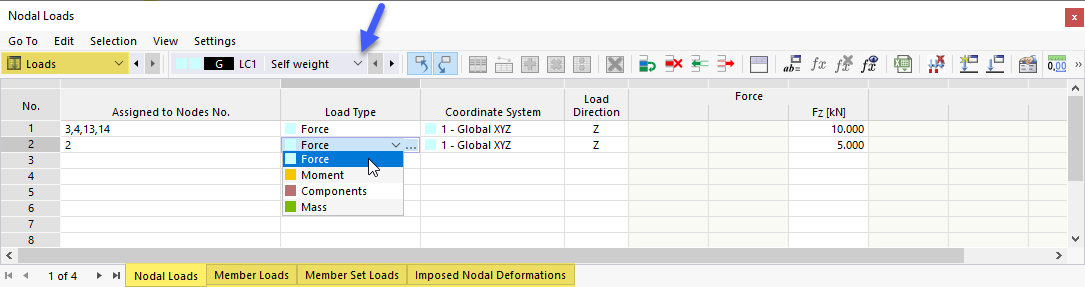 Loads in Table