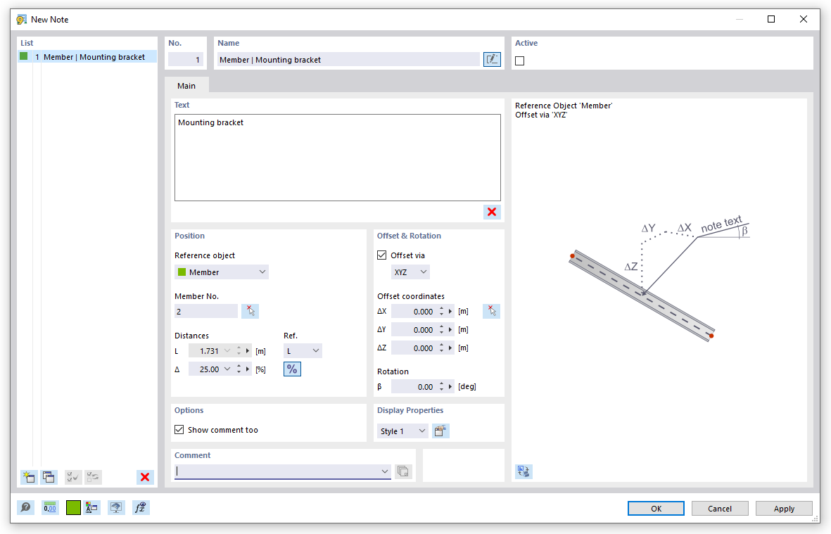 Dialog Box "New Note"