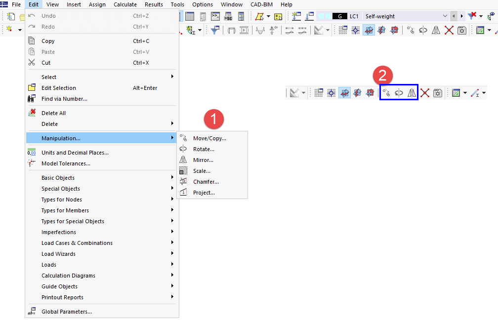 Modeling Tools in Menu "Edit" and Buttons in Toolbar
